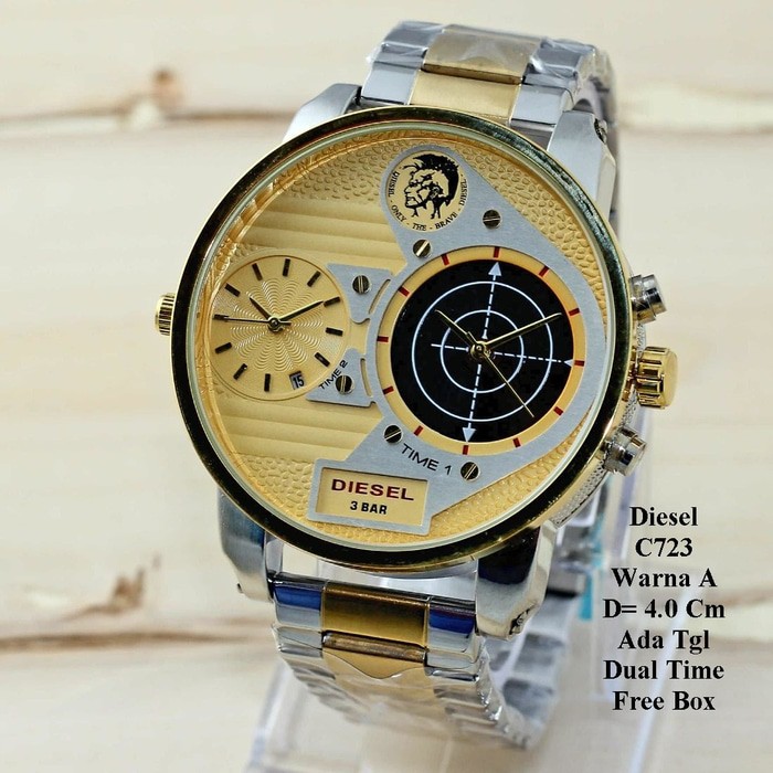JAM TANGAN PRIA_DIESEL_C723 SILVER IN GOLD COLOR FREE BOX KANCING JAM TANGAN MURAH