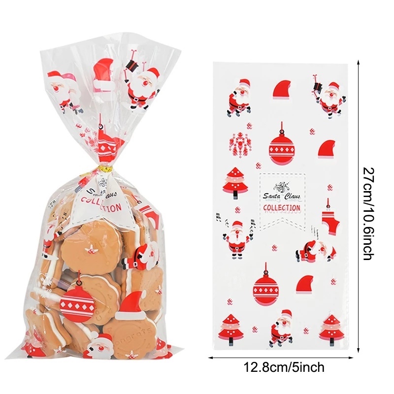 [Christmas Home Decoration Products] [50 Pcs Pack Santa Claus Christmas Tree Elk PVC Bags ] [Self Adhesive Cookie, Snack, Transparent Clear Gifts Bags For Xmas Party Supplies]