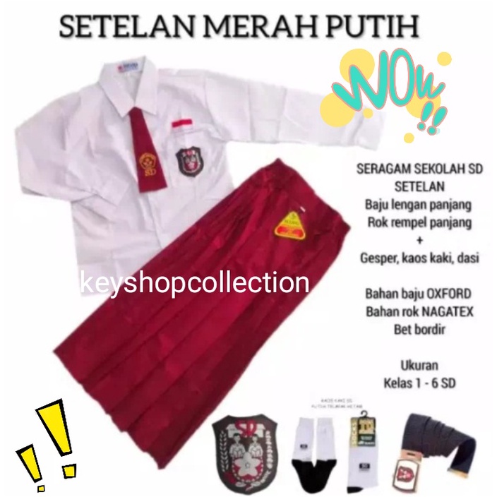 SETELAN KOMPLIT BAJU SERAGAM MERAH PUTIH SD ANAK PEREMPUAN LENGAN PANJANG ROK PANJANG ANAK KLS1-6SD