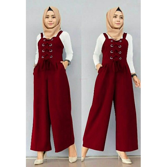 busana hijab wanita jumpsuit merah