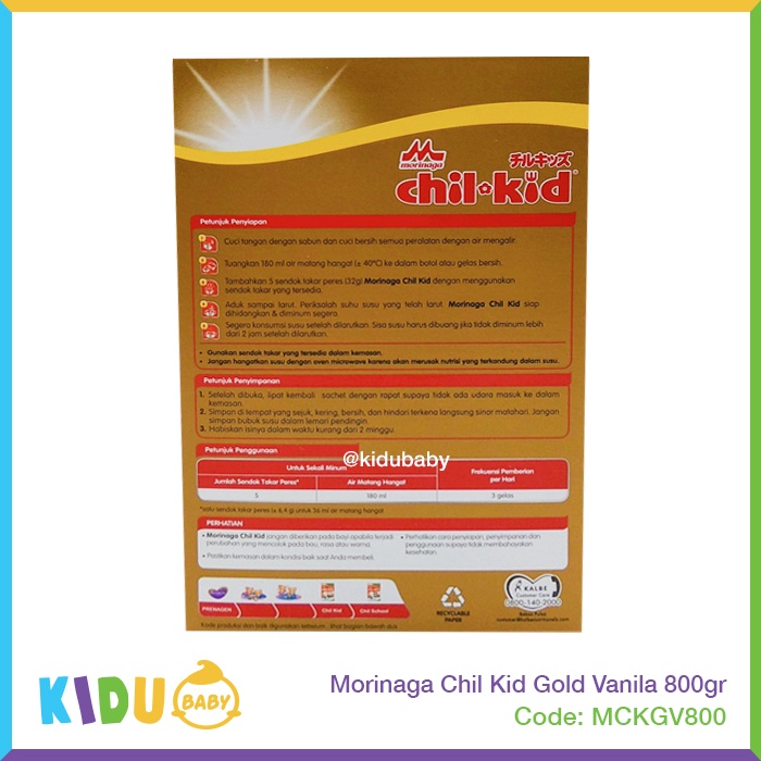 Morinaga Chil Kid Gold Vanila 800gr Susu Formula Anak usia 1-3 tahun Kidu Baby