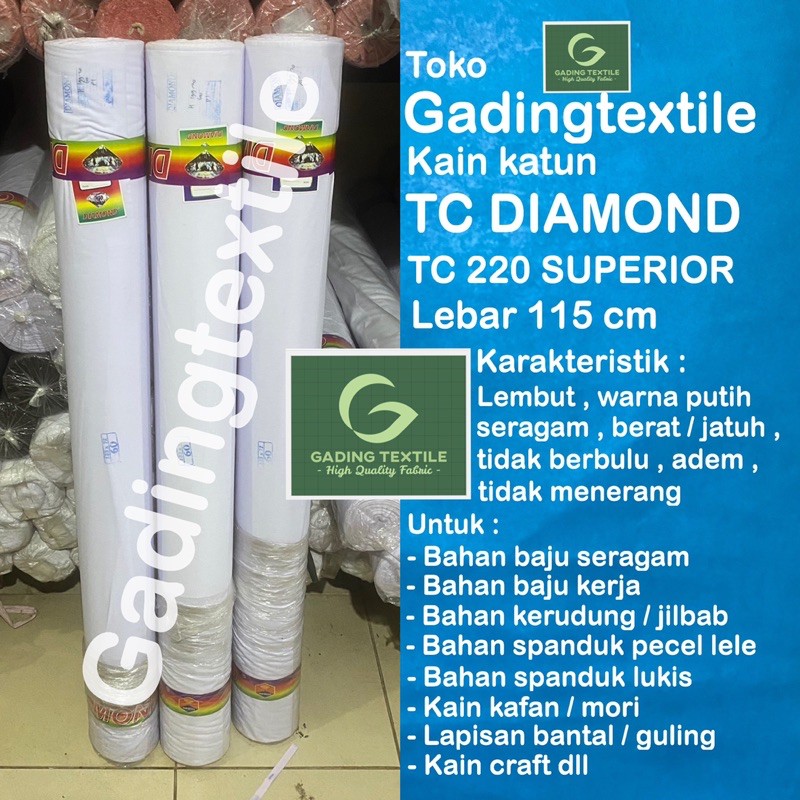 ( per setengah meter ) Kain katun jepang putih TC 220 DIAMOND SUPERIOR meteran lebar 115 cm bahan baju kemeja hem seragam sekolah sd smp sma kerja dinas gamis koko ihram ihrom putih spanduk lukis pecel lele sablon mori kafan kerudung krudung jilbab hijab