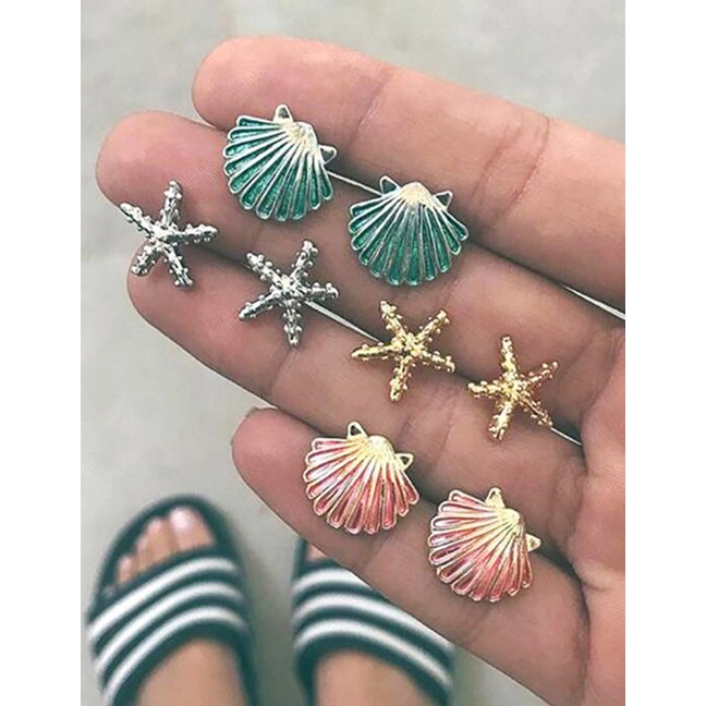 LRC Anting Set Fashion Color Symmetrical Starfish Shell Stud Earrings 4 Pairs F74520