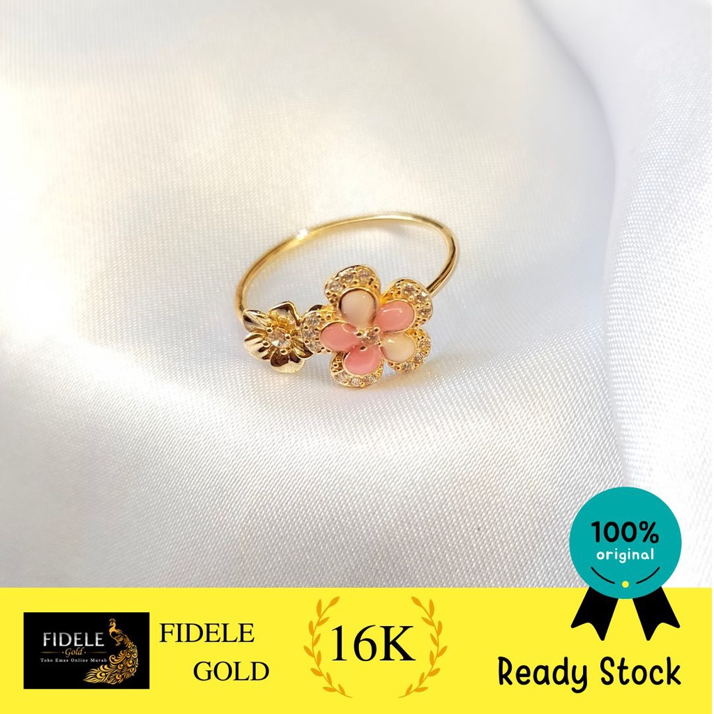 Cincin Bunga Vancleef Pink Permata Emas Asli Emas Tua Kadar 700