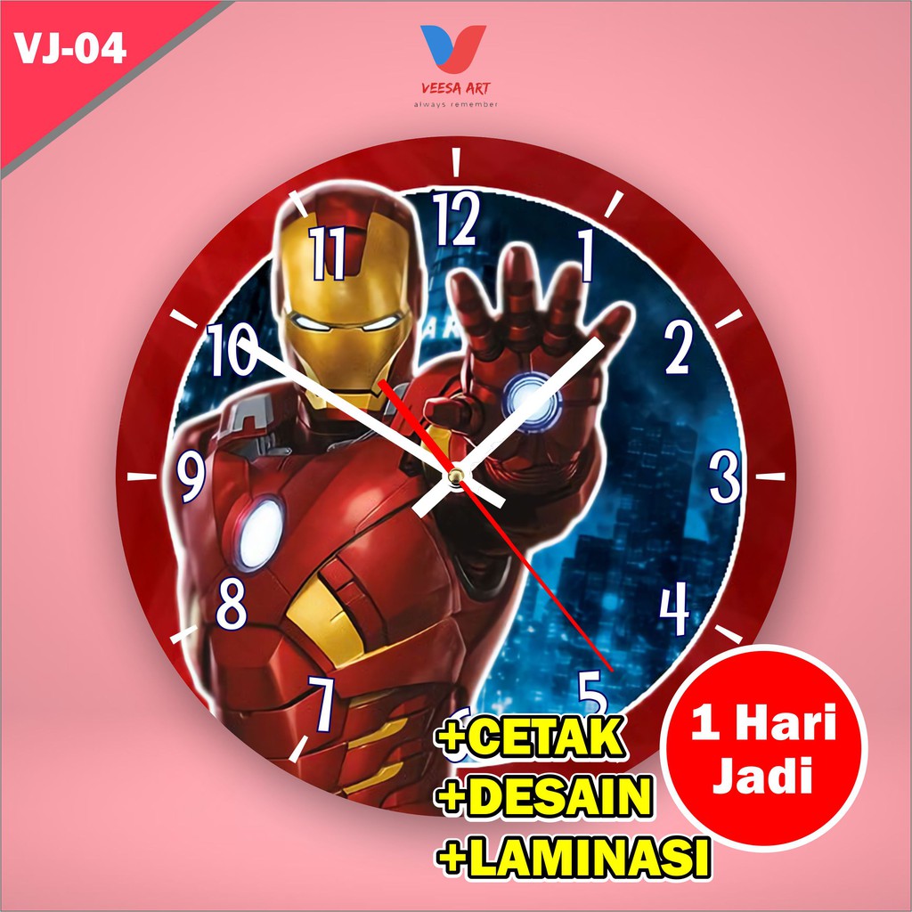 Jam dinding murah kayu custom ironman iron man superhero animasi kartun kamar anak ruangan lucu