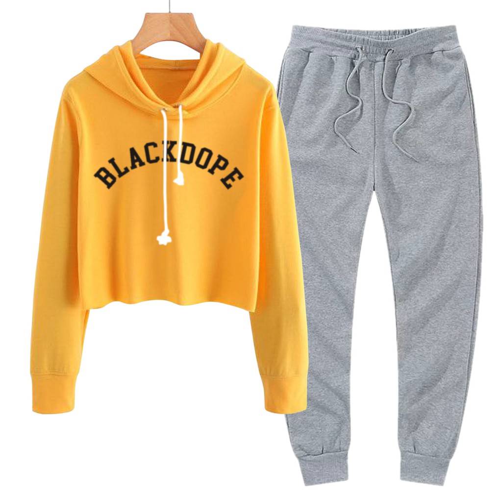 BESS - Baju Setelan Wanita Murah / Setelan Hoodie Crop + Jogger Abu - BLACKDOPE