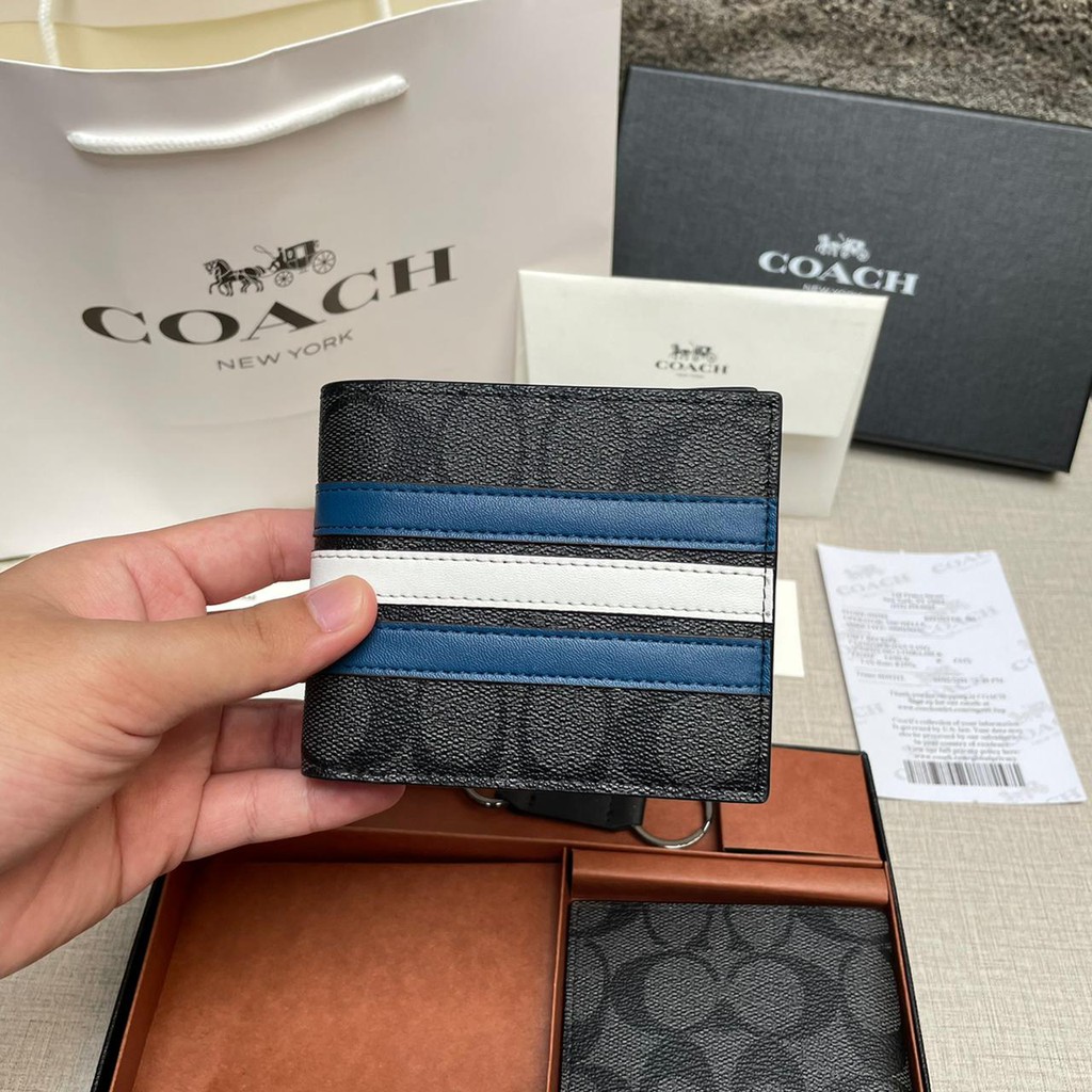 Dompet Coach Blue Stripe 100% ORIGINAL / Coach Wallet Dompet Kulit Pria