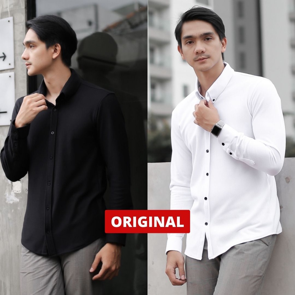 BROGUY Kemeja Polos Casual Slimfit Pria Lengan Panjang Pique Size M - XXL