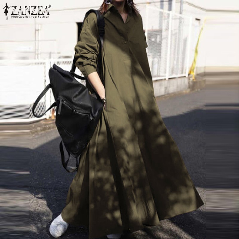 ZANZEA Women Casual Full Sleeve Retro Side Pockets Solid Long Dress