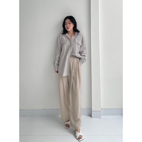 SIVALI Kemeja Oversize Linen Wanita Double Pocket | Linen Shirt - Atasan Lengan Panjang 3304