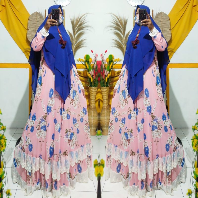 Gamis Set Syari Double Renda Ceruty Flower cantik Almira