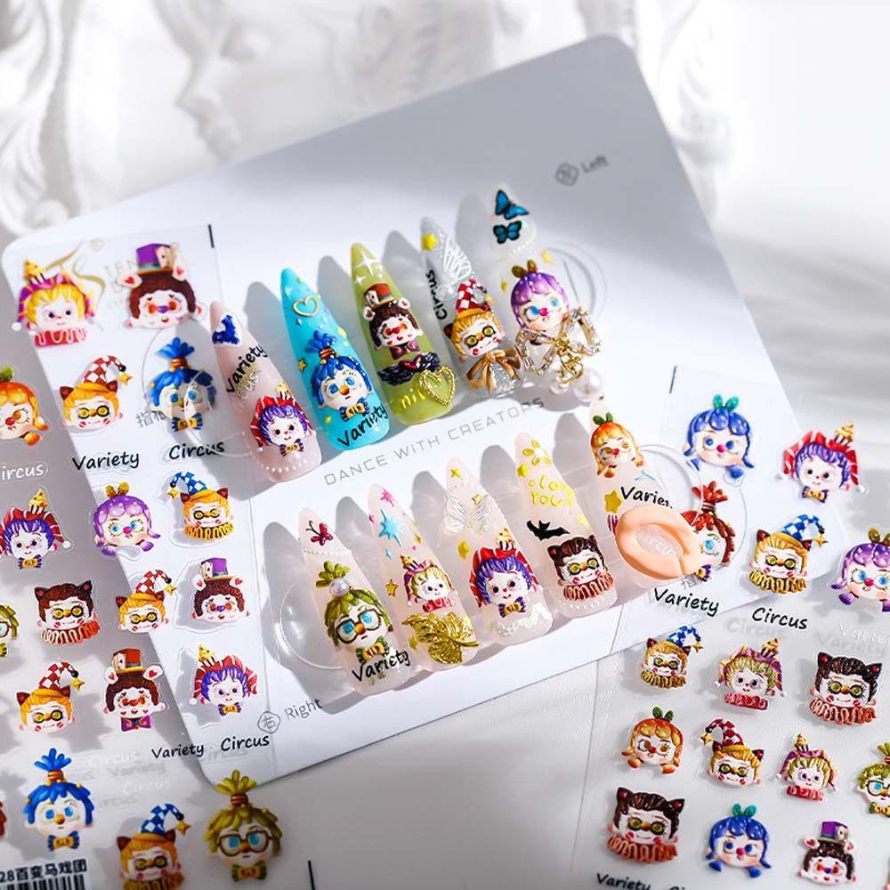 [Elegan] Kartun Stiker Kuku Wanita Relief Crayon Shin-chan Kodok Sirkus Badut Perekat Diri Nail Art Dekorasi