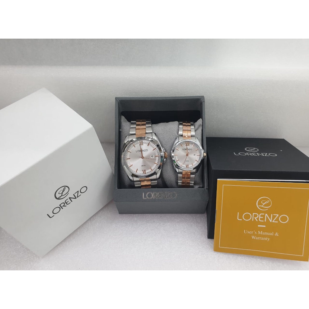 Jam Tangan Couple / Pasangan Lorenzo Original R-5103L Tanggal Aktif Strap Rantai Free Box