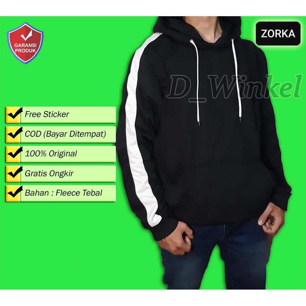 Sweater Polos Hitam List Putih / Jaket Hoodie Pria List Putih Fleece Premium Tebal DISTRO ZORKA