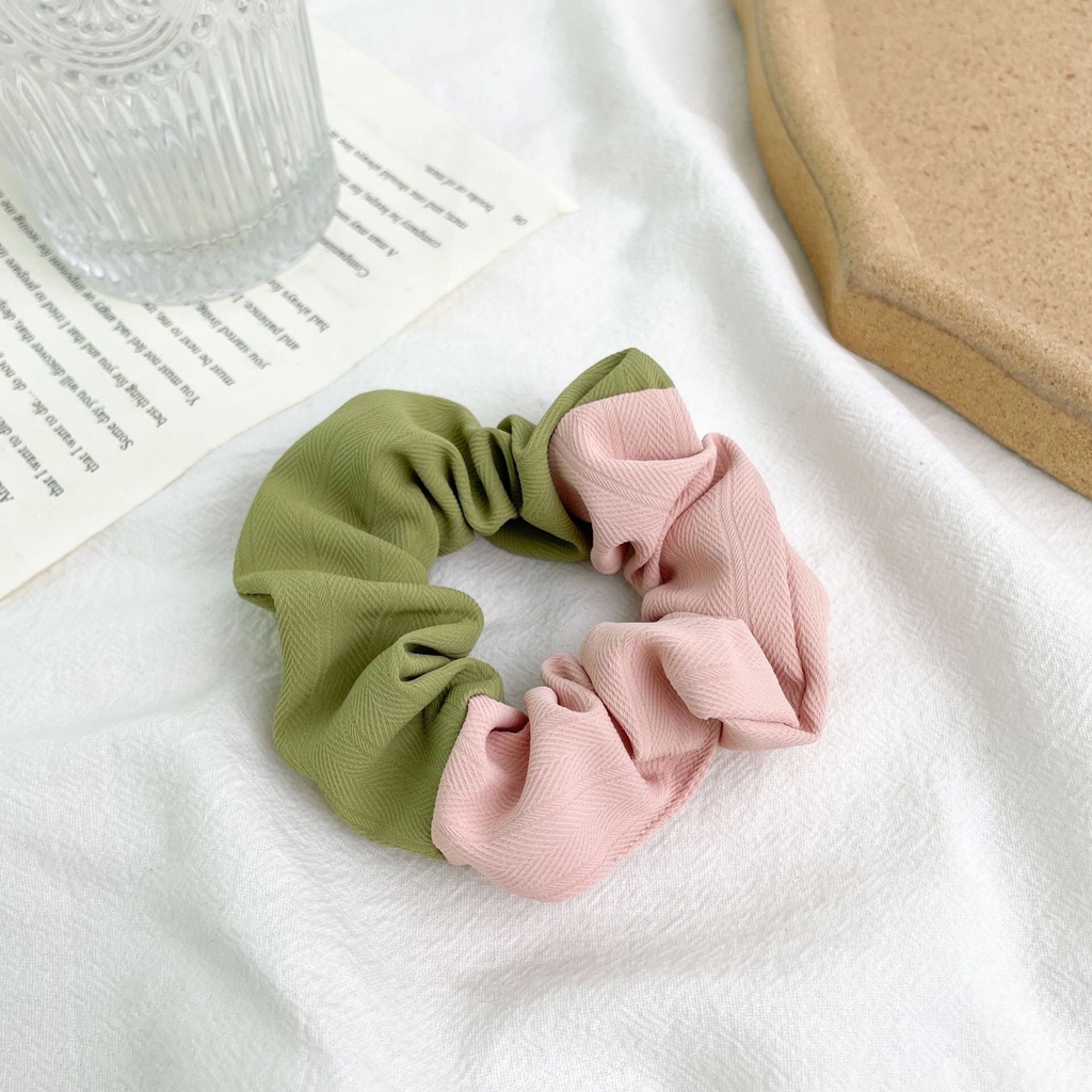 Srunchie Ikat Rambut Premium / Cepol Kain Dua Warna Casual Fashion Korean Import-AR-127 #2 Pink Hijau