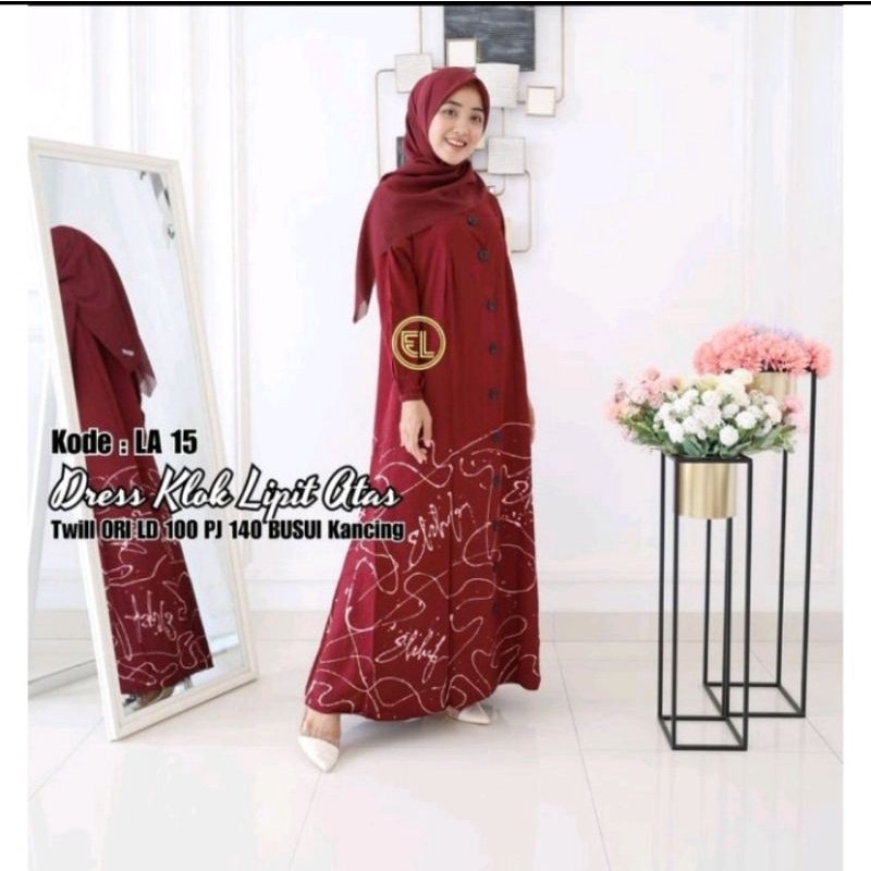 Gamis Dress twill ORI ELZAF kancing lipit atas