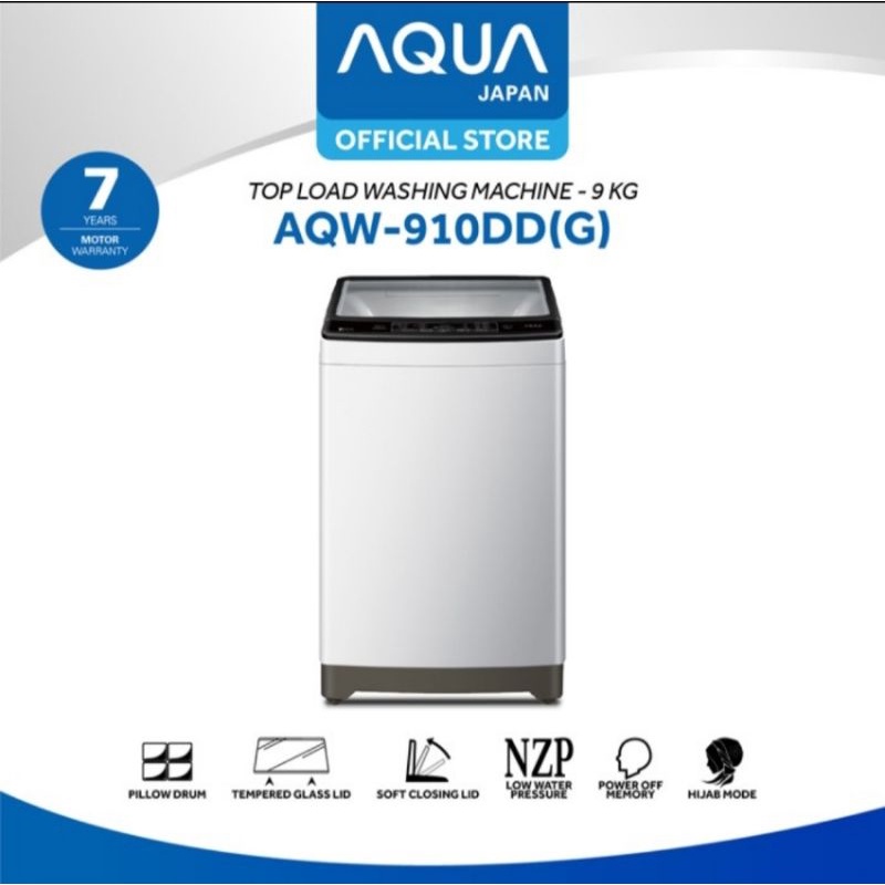 AQUA Mesin Cuci 1 Tabung 9Kg Top Loading AQW 910DD Tempered Glass 9 Kg