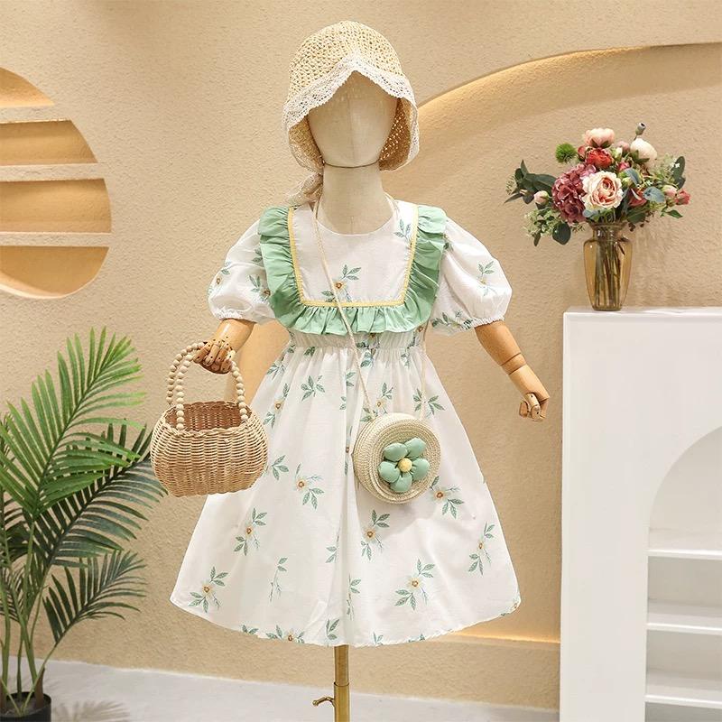 Dress Anak Perempuan Korean Style Kerah Renda Bunga Hijo/Ungu Puff