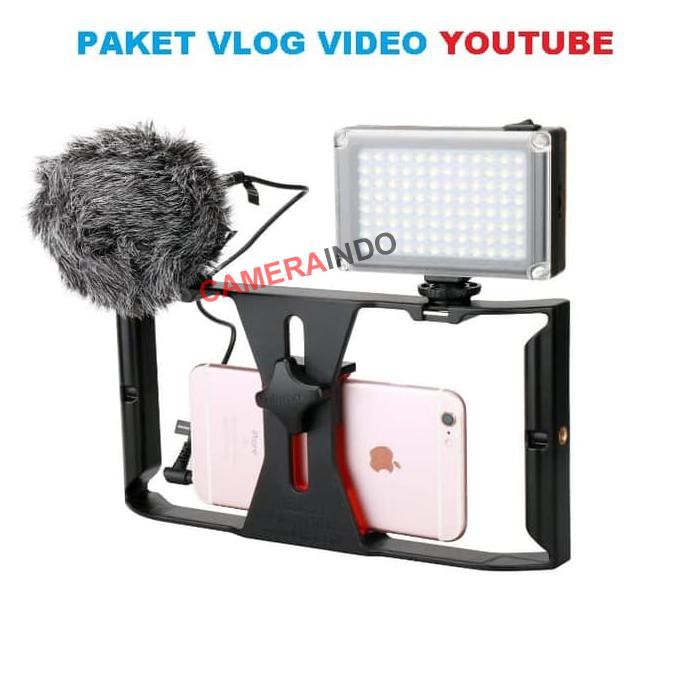 Promo  Termurah  Paket Vlog hp kamera youtube mic led dan Handheld rig