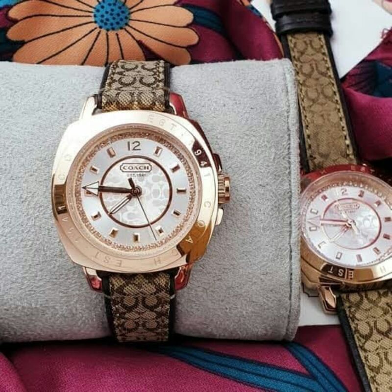 jam tangan wanita coach batre body stainless tali kulit kualitas original fulset box original