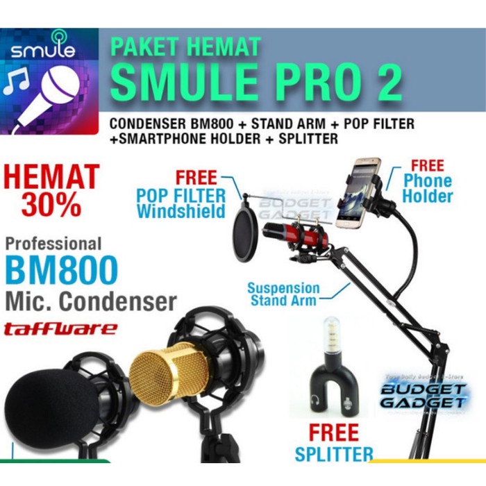 Paket SMULE PRO 2 Mic BM800 + Stand Arm + Pop Filter + Phone Holder