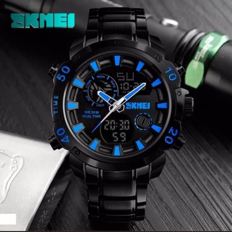 JAM TANGAN SKMEI 1306 STAINLISS STEEL JAM TANGAN PRIA DUALTIME RANTAI SPORT BISA COD