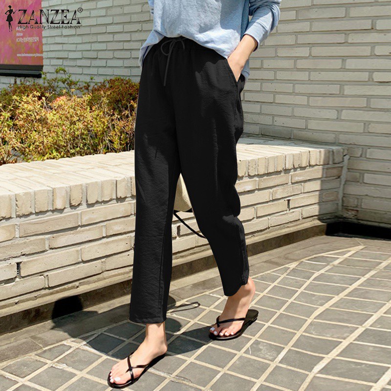 ZANZEA Women Casual Elastic Waist Drawstring Solid Color Loose Long Pants