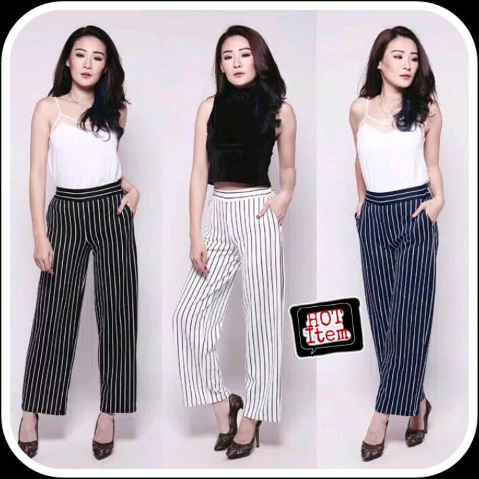 MURAH celana panjang wanita terkini kulot salur scuba hitam putih