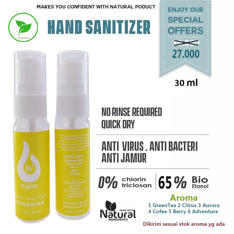 Hand Sanitizer Antiseptic Hi!giene 30ml cepat kering tanpa bilas murah