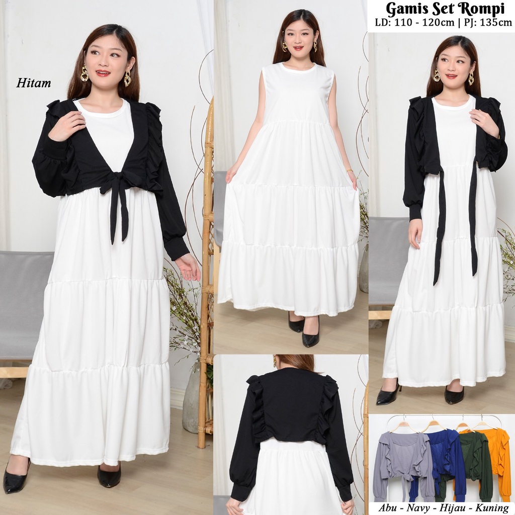 Gamis Set Rompi Jumbo Rample Bawah / Inner Putih Voxi Premium Fit XXL Ld 110-120