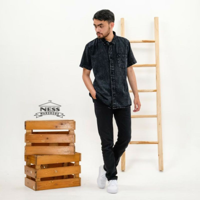 KEMEJA JEANS SANDWOSH/KEMEJA PRIA/KEMEJA JEANS PRIA NESS CLOTHING