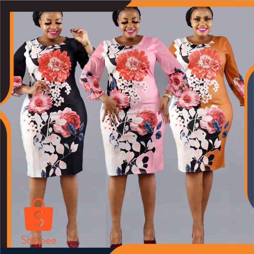 Jumbo Dress Afrika Plus Ukuran  Wanita  Leher Bulat 7 Kuartal Lengan Jahitan Gaun Percetakan Gaun Afrika Jx085