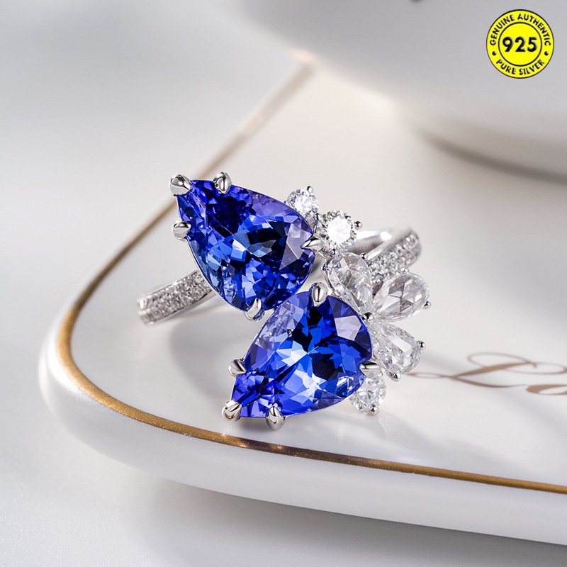 Cincin Berlian Sapphire Biru Ganda Bentuk Pir Model Terbuka Untuk Wanita