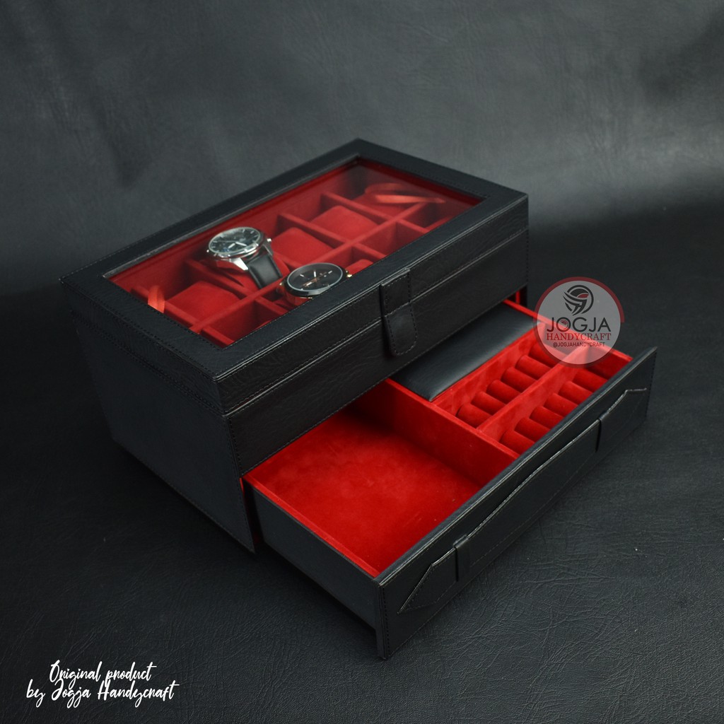 Black Red Kotak Tempat Jam Tangan Isi 12 Laci Perhiasan / Watch Box