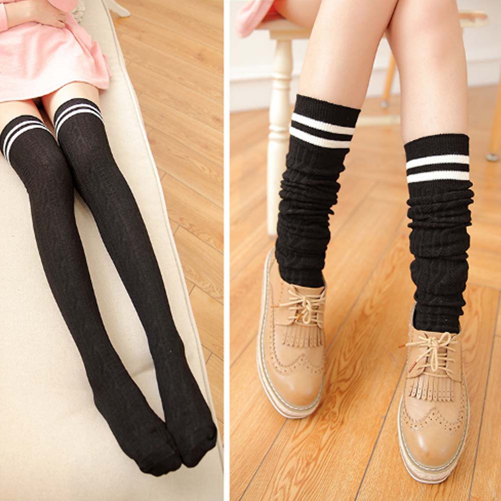 KT-01 overknee socks KAOS KAKI panjang sepaha over knee black hitam 2 strip tebal