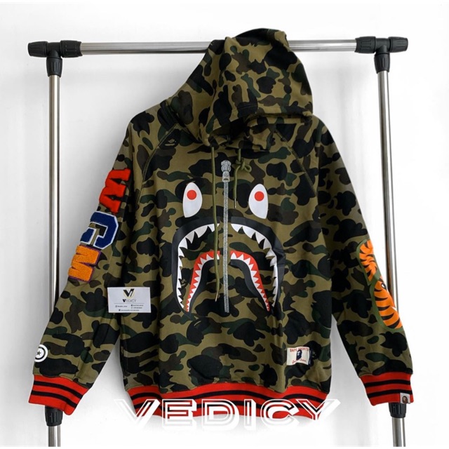 HOODIE JAKET BAJU BAPE SPORTS A BATHING APE SHARK HIJAU CAMO SUPER MIRROR 1:1 ORI