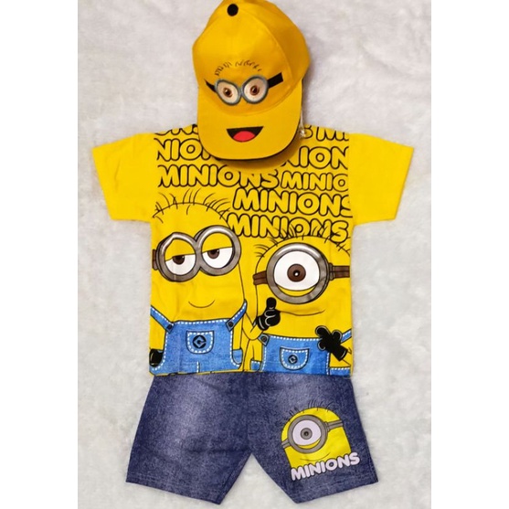 SETELAN ANAK MINION TAMBAH TOPI/ SETELAN MINIONS AJA/ TOPI MINION AJA