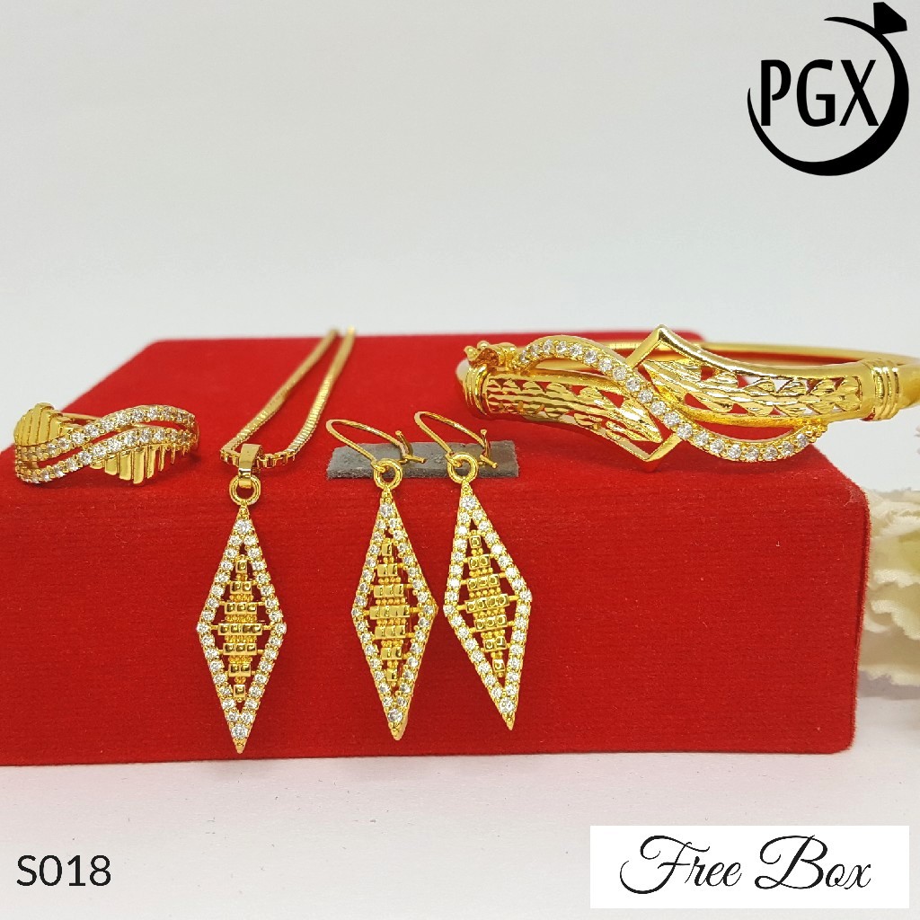 PGX Set Perhiasan Xuping Cincin Gelang Kalung Anting Lapis Emas - S018