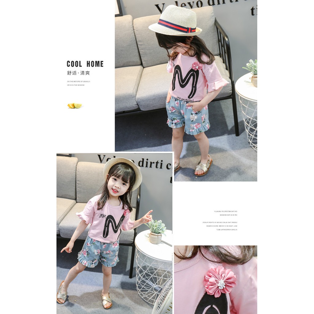 KF Cat Setelan anak perempuan / set baju celana anak cewek import bunga cantik 1-4thn bahan katun trendy-2