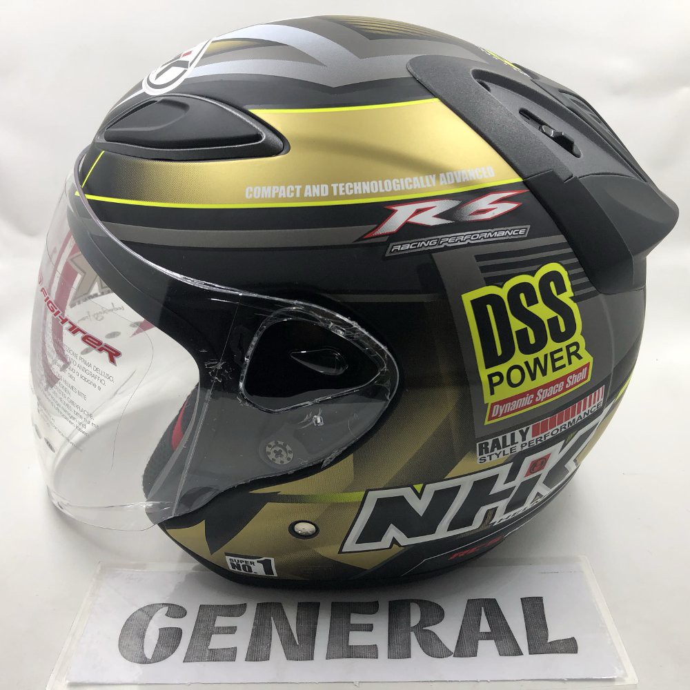 Helm NHK R6 Motif Rally 2 Black Gold Doff Hitam Gold Dop Half Face Berkualitas