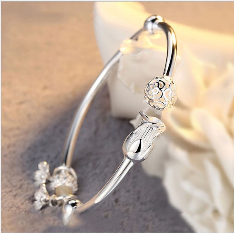 925 gelang perak murni untuk wanita bunga kepribadian kreatif gelang fashion perhiasan