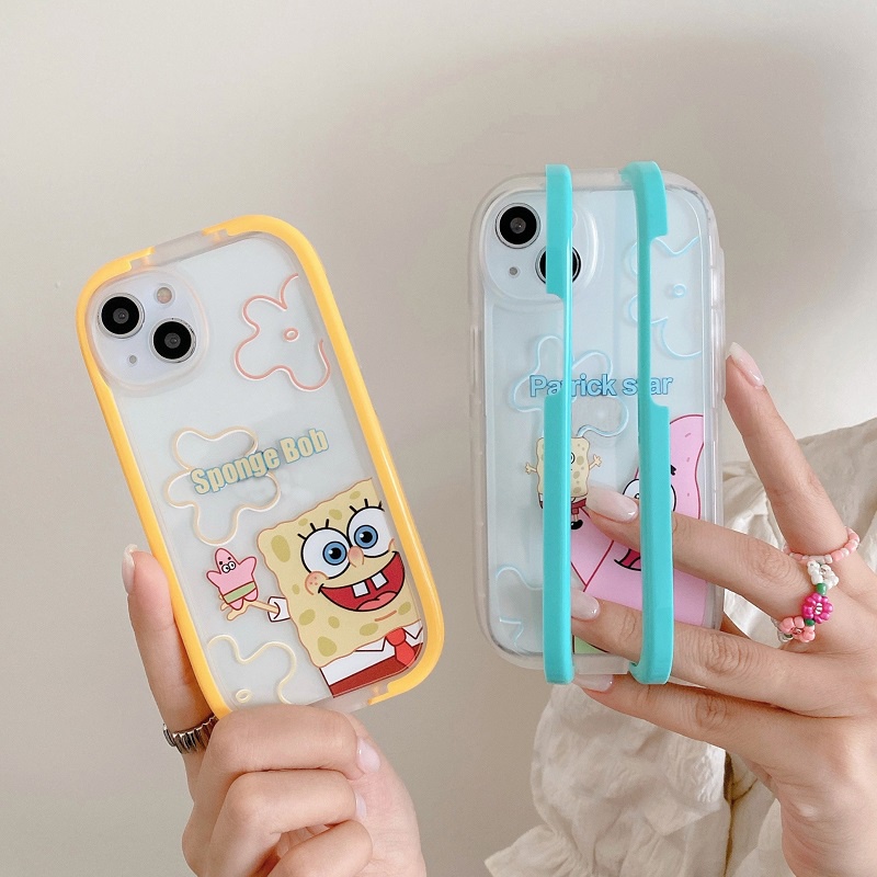 2 in 1 Case Pelindung Tahan Jatuh Motif SpongeBob Dengan Stand Untuk iPhone 11 12 13 Pro MAX X XR XS MAX 7 8 Plus