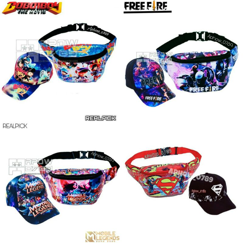PAKET 2IN1 TAS SELEMPANG ANAK DAN TOPI ANAK DENGAN BERBAGAI MACAM MOTIF SUPER HERO WAISTBAG ANAK TOPI ANAK TAS SELEMPANG ANAK LAKI LAKI