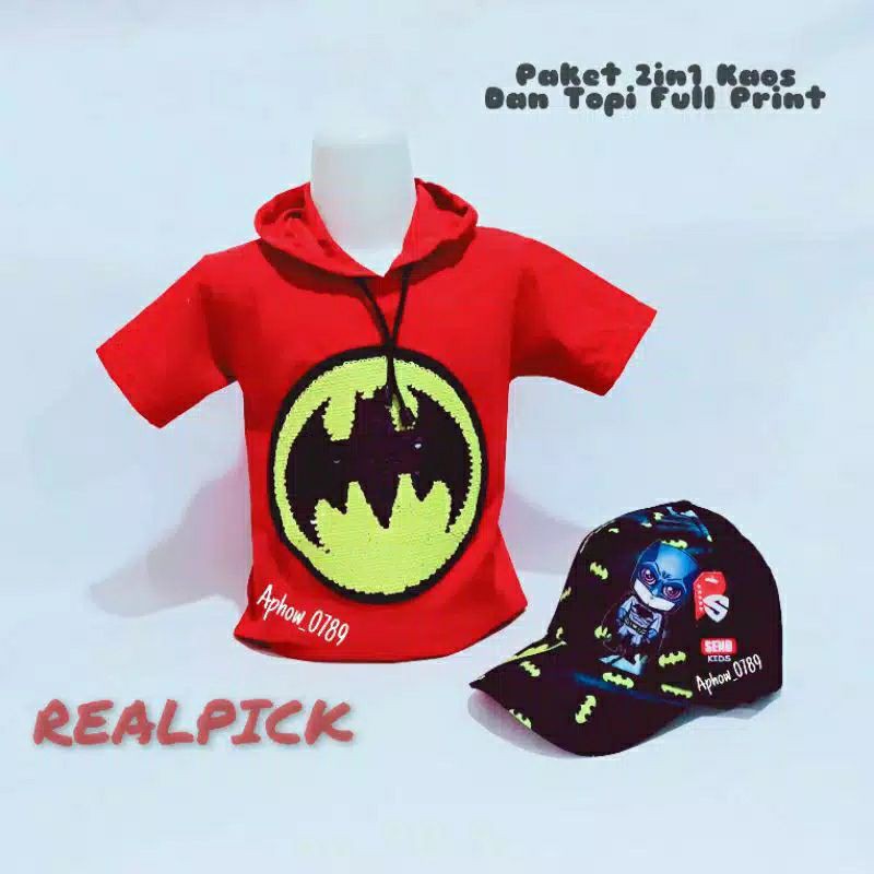 2IN1 HOODIE ANAK KAOS USAP + TOPI PRINTING BATMAN 1-10TAHUN