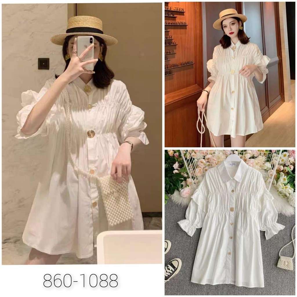 TUNIK WHITE DADA KERUT KANCING EMAS BESAR