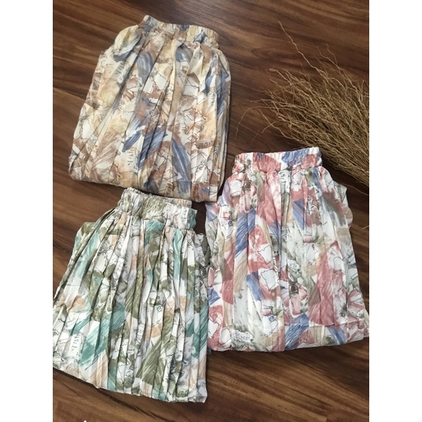 Rok Panjang Plisket Prisket Pastel/ Rok Import / Maxi Skirt Motif Vintage