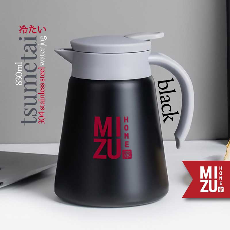 MIZU TSUMETAI 830ml 304 Stainless Steel Thermos Water Jug Teko Termos Stenles Air Panas Dingin-BLACK hitam