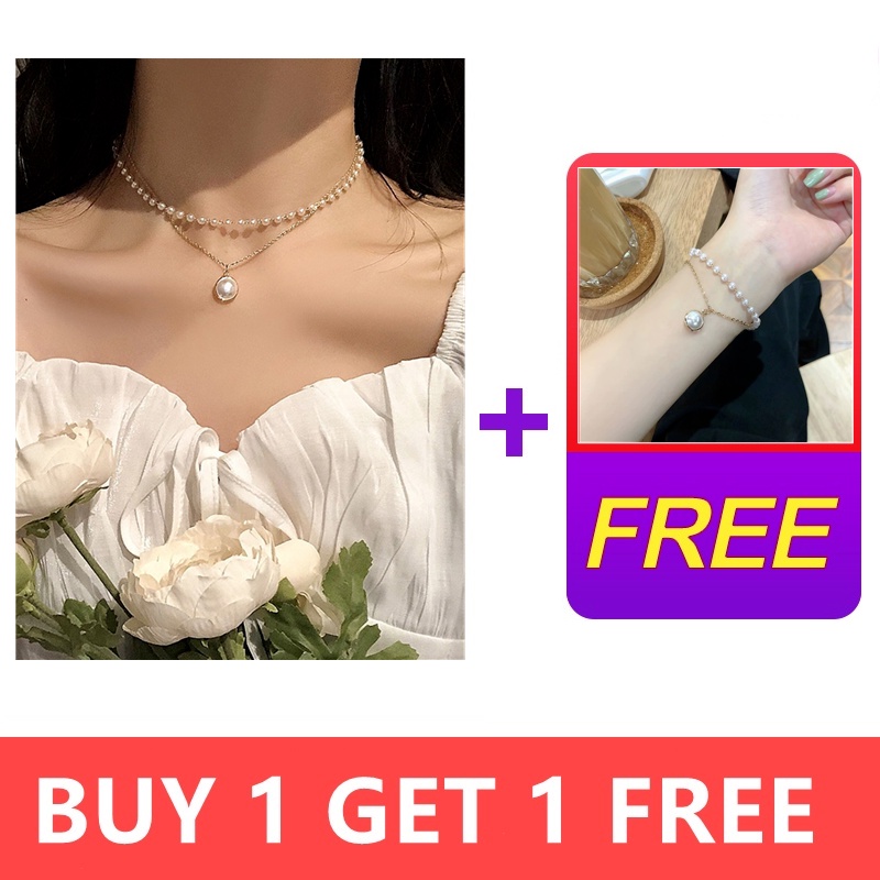 【Buy 1 Get 1 Free】Korean Double Pearl Pendant Necklace Bracelet Women's Fashion Jewelry Accessories Gifts