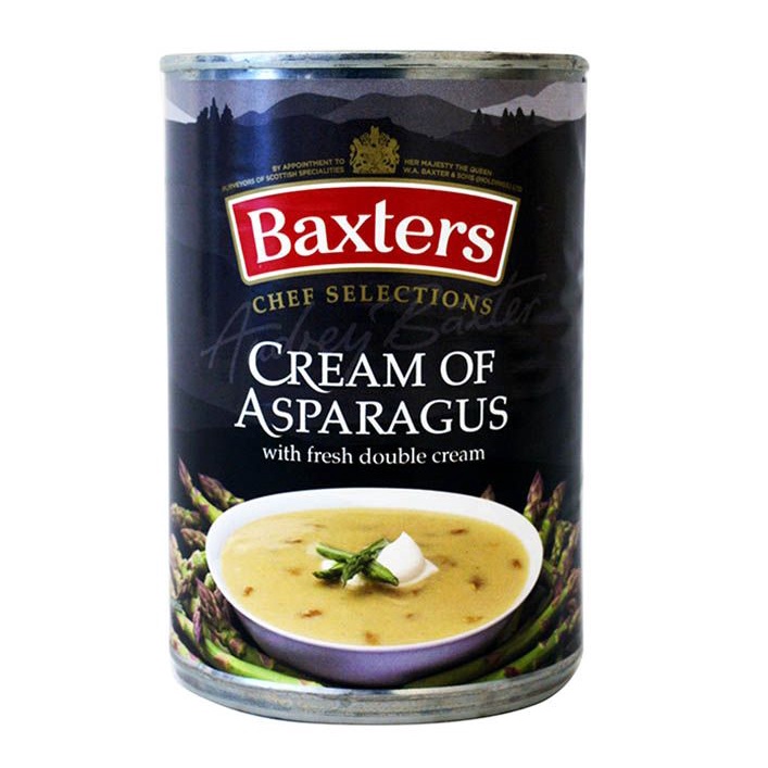 

Baxters Cream of Asparagus Lobster Bisque French Beef Consomme Broth Plant Based Jackfruit Three Bean Chipotle ChiIli Instant Vegan Vegetarian Instant Can Canned Soup Camping Hiking Trekking Food Convenient Meal Makanan Sup Kaleng