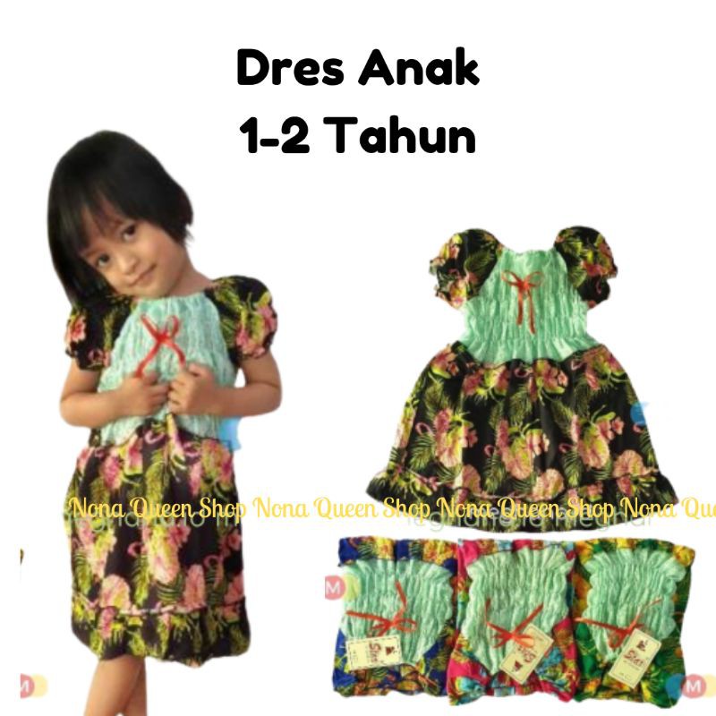 Baju Anak Perempuan 1,2 Tahun Anak Cewek Dress Kerut Motif Pendek Bunga Smok Rempel Lengan Pita